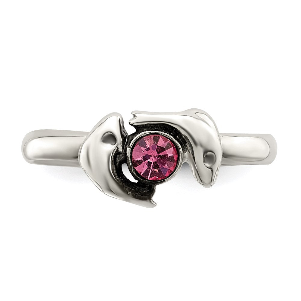 Sterling Silver Antiqued Pink Cz Dolphin Toe Ring