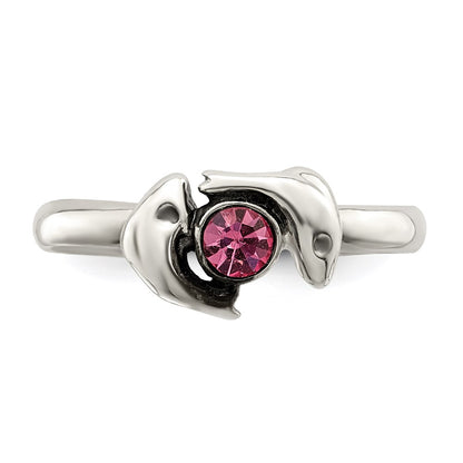 Sterling Silver Antiqued Pink Cz Dolphin Toe Ring