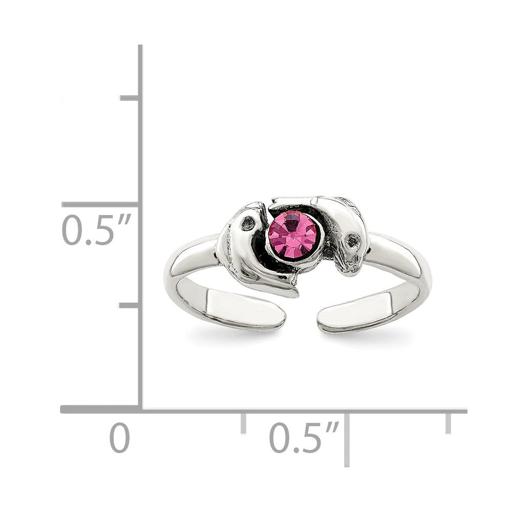 Sterling Silver Antiqued Pink Cz Dolphin Toe Ring