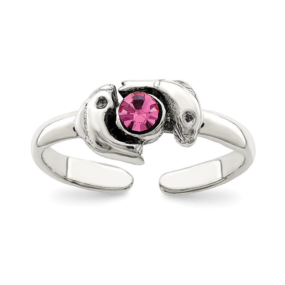 Sterling Silver Antiqued Pink Cz Dolphin Toe Ring