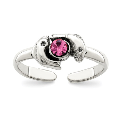 Sterling Silver Antiqued Pink Cz Dolphin Toe Ring