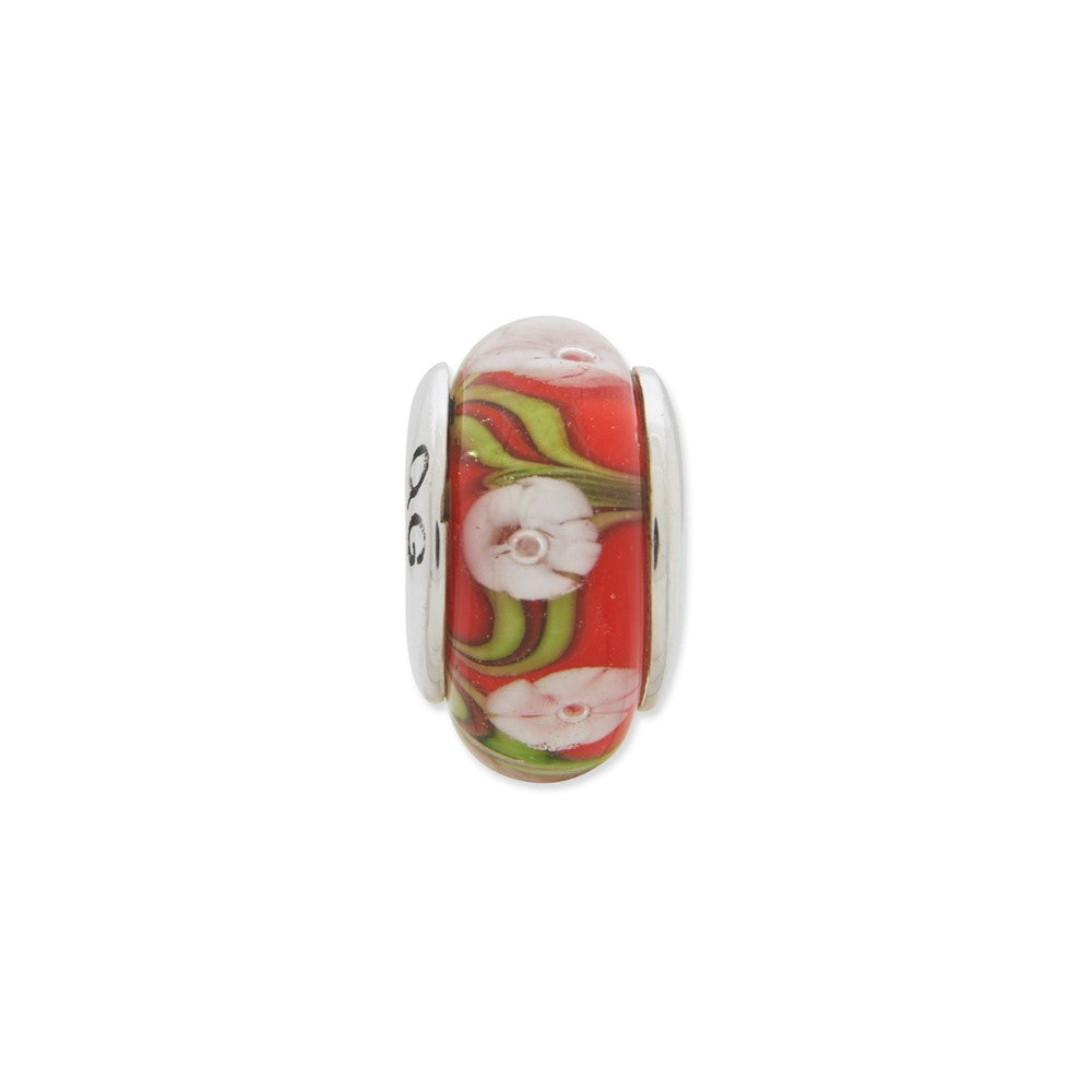 Sterling Silver Reflections Red/White Floral Hand-Blown Glass Bead
