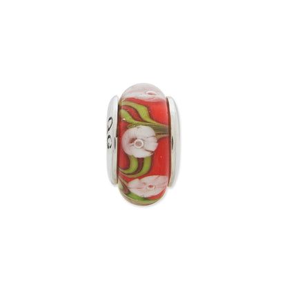 Sterling Silver Reflections Red/White Floral Hand-Blown Glass Bead