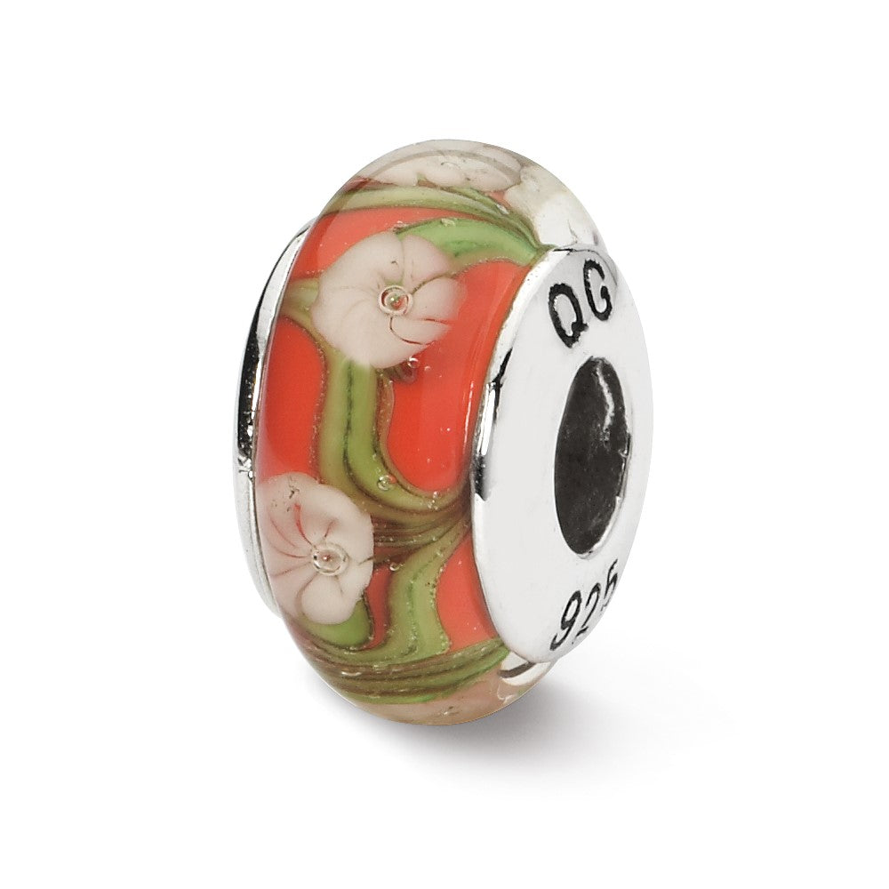 Sterling Silver Reflections Red/White Floral Hand-Blown Glass Bead
