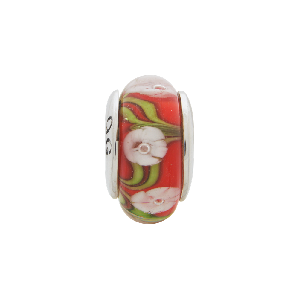 Sterling Silver Reflections Red/White Floral Hand-Blown Glass Bead