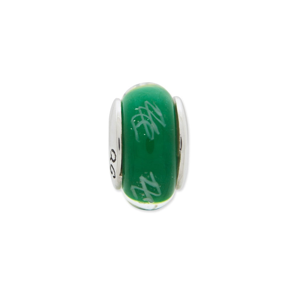 Sterling Silver Reflections Green/White Scribbles Hand-Blown Glass Bead