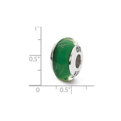 Sterling Silver Reflections Green/White Scribbles Hand-Blown Glass Bead
