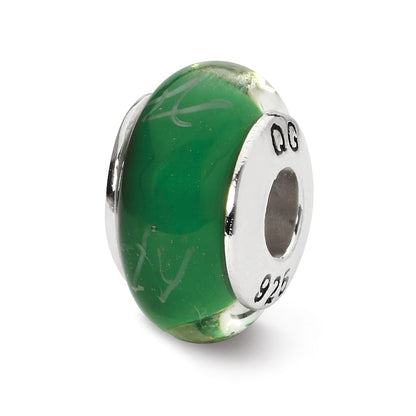Sterling Silver Reflections Green/White Scribbles Hand-Blown Glass Bead
