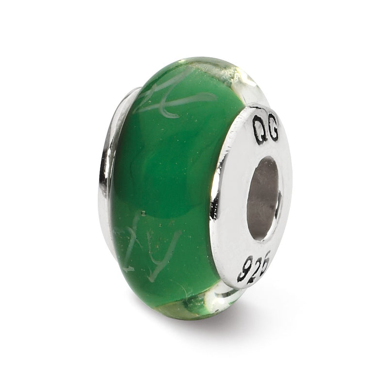 Sterling Silver Reflections Green/White Scribbles Hand-Blown Glass Bead
