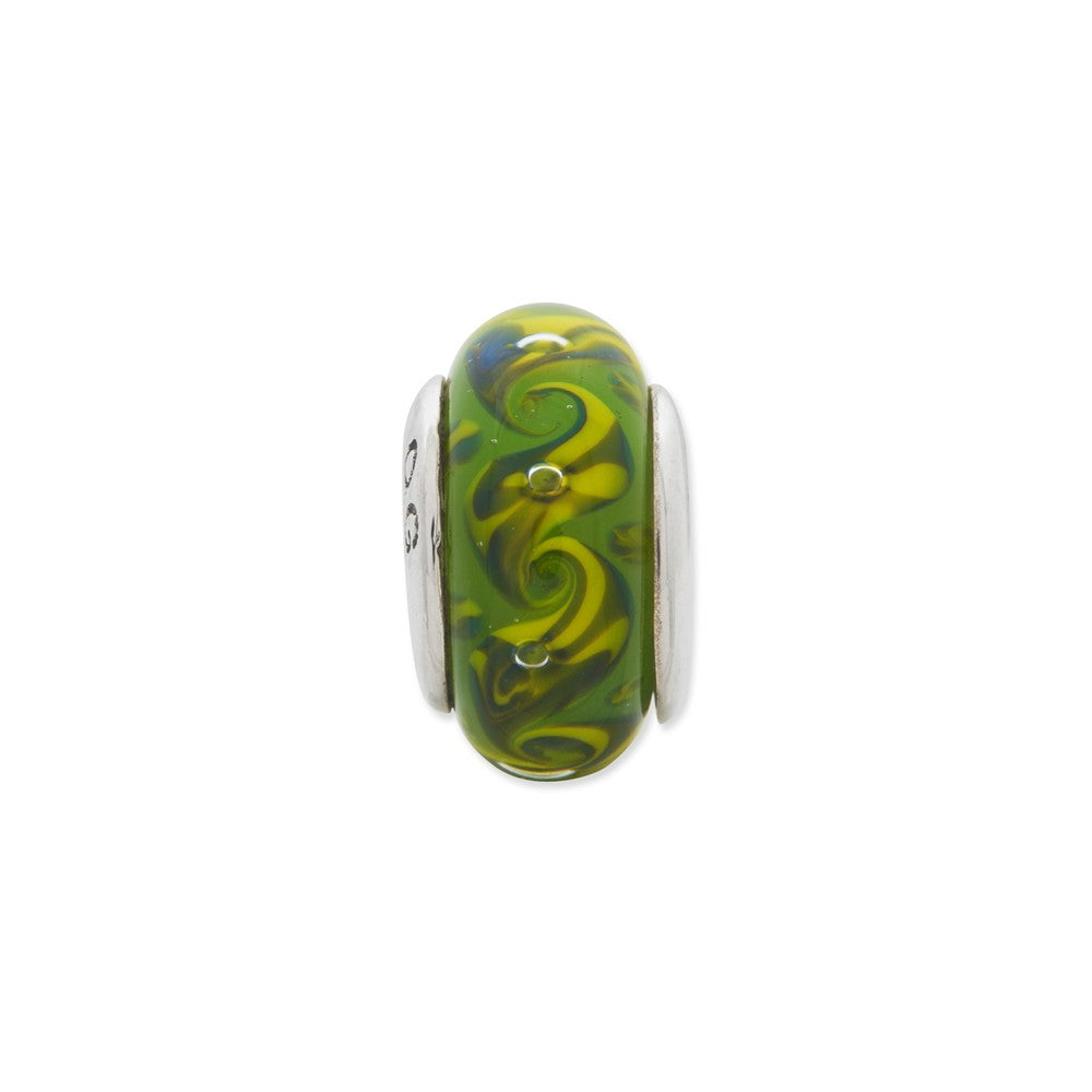 Sterling Silver Reflections Green/Yellow Swirl Hand-Blown Glass Bead