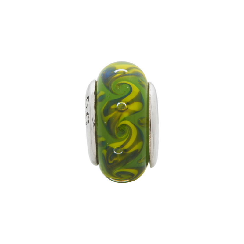 Sterling Silver Reflections Green/Yellow Swirl Hand-Blown Glass Bead