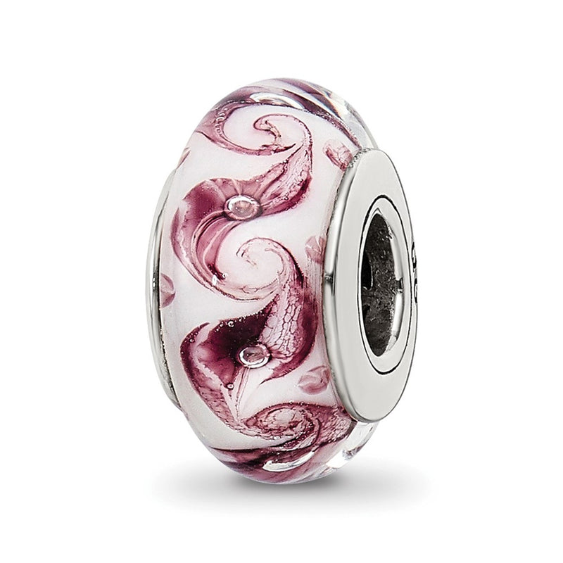 Sterling Silver Reflections White/Mauve Swirl Hand-Blown Glass Bead