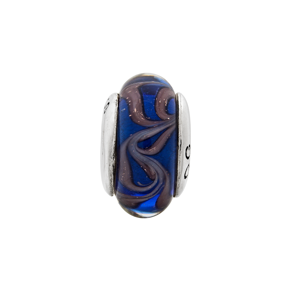 Sterling Silver Reflections Blue/Brown Swirl Hand-Blown Glass Bead