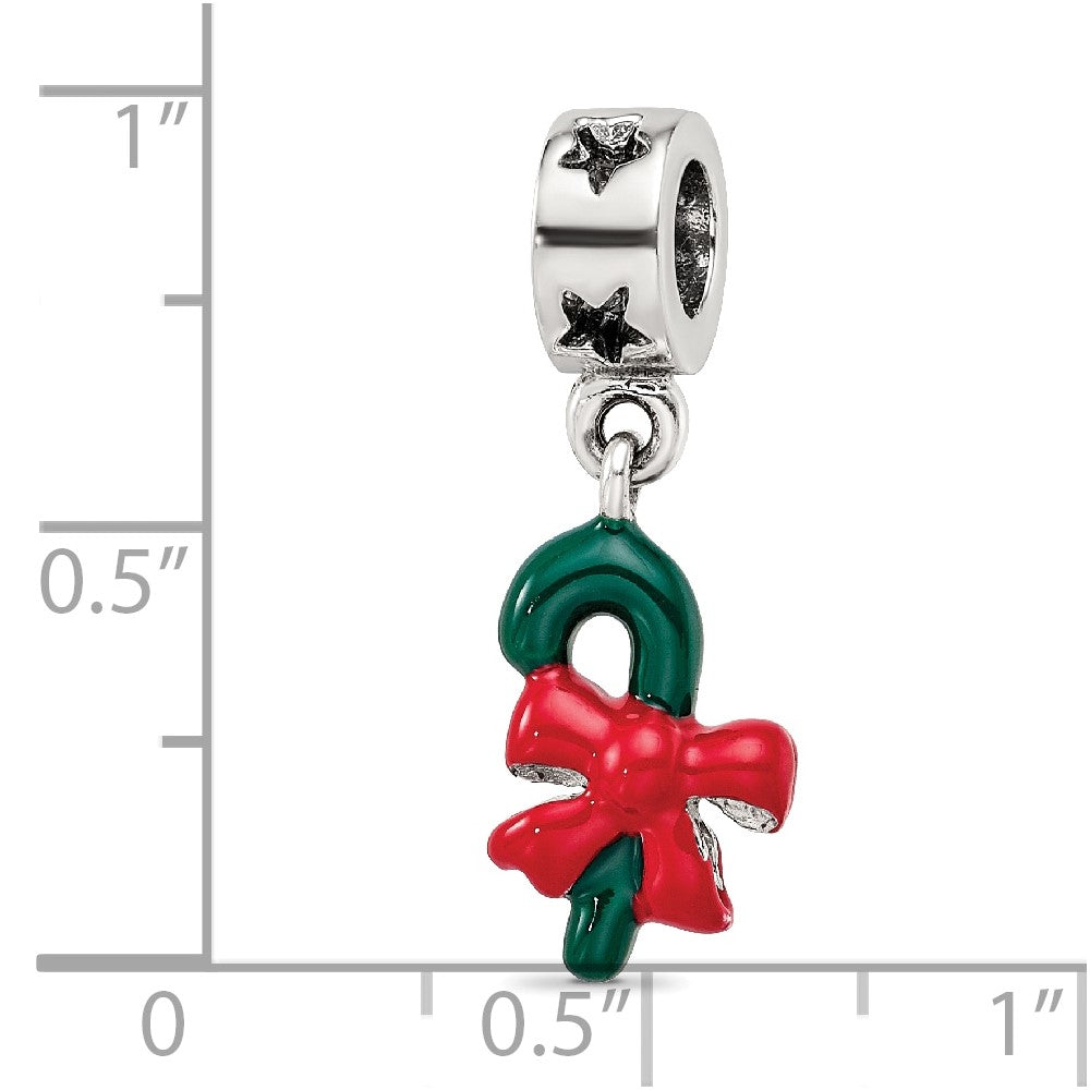 Sterling Silver Reflections Green Enameled Candycane Dangle Bead