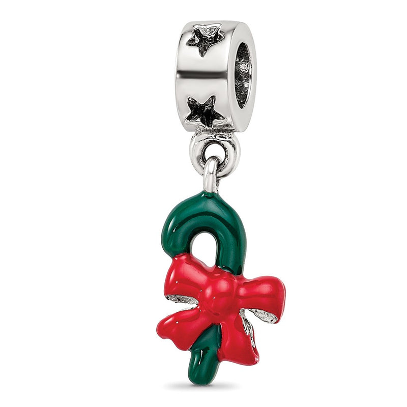 Sterling Silver Reflections Green Enameled Candycane Dangle Bead