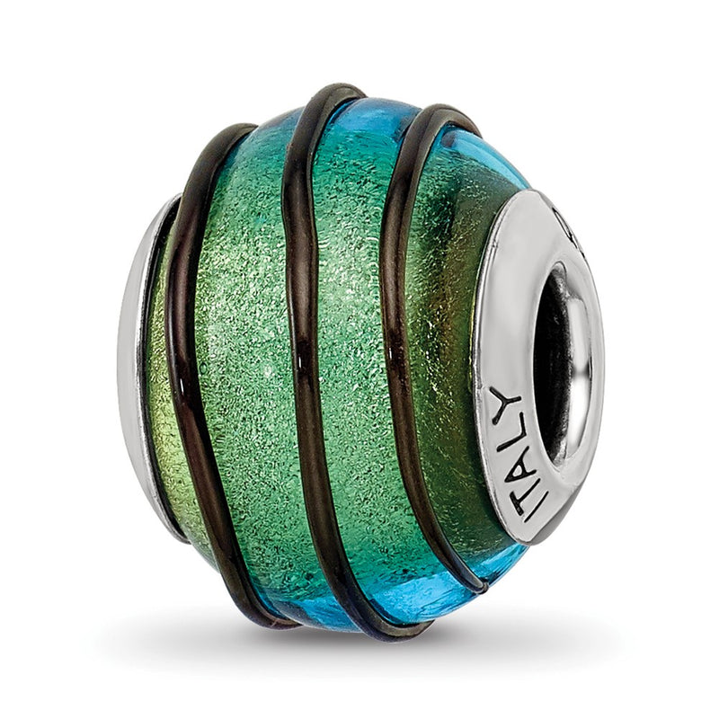 Sterling Silver Reflections Teal W/Black Stripes Italian Murano Bead
