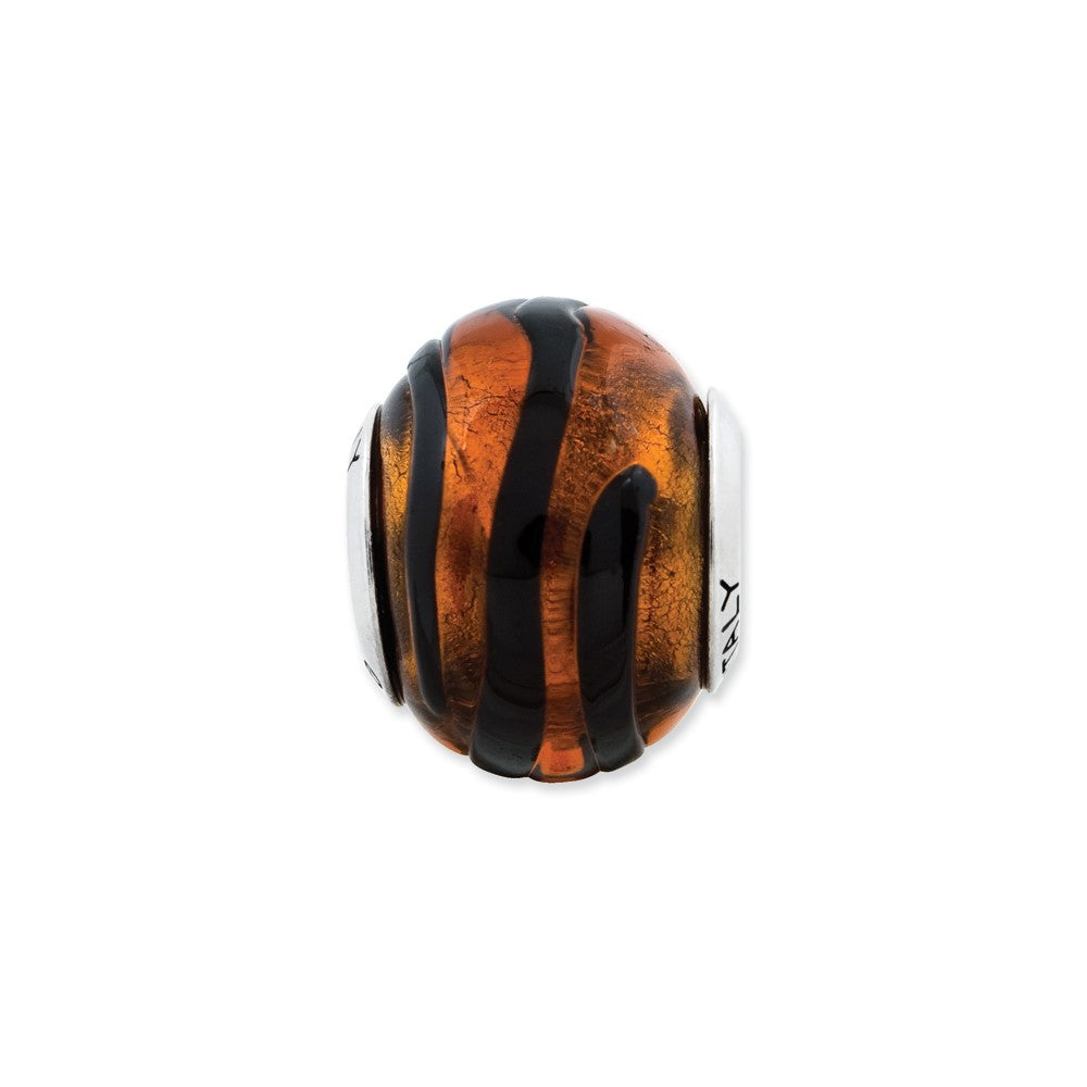 Sterling Silver Reflections Orange/Black Stripes Italian Murano Bead