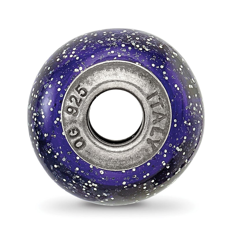 Sterling Silver Reflections Dark Blue W/Silver Glitter Italian Murano Bead