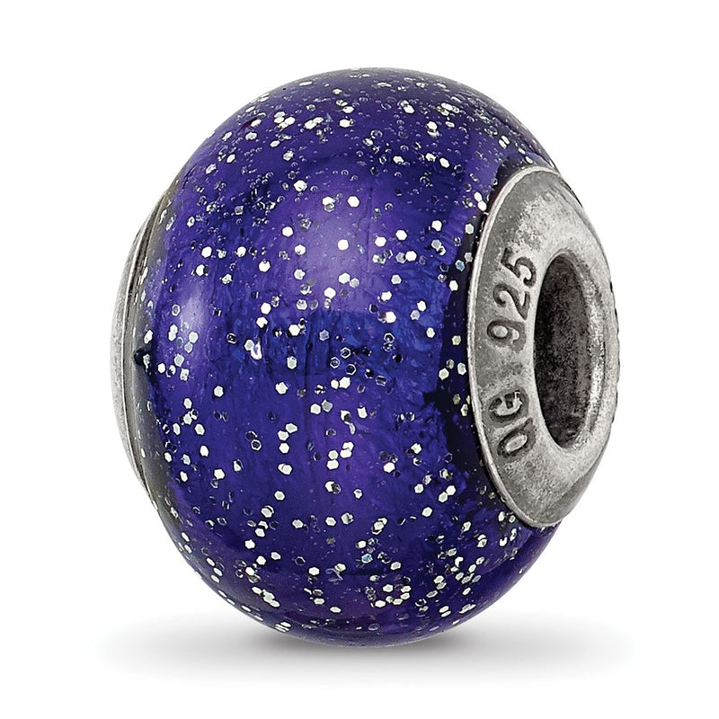 Sterling Silver Reflections Dark Blue W/Silver Glitter Italian Murano Bead