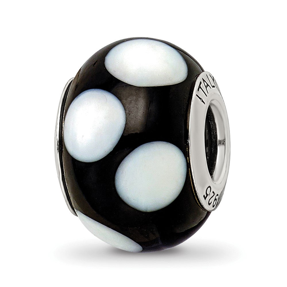 Sterling Silver Reflections Black W/white Dots Italian Murano Bead