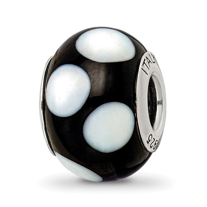 Sterling Silver Reflections Black W/white Dots Italian Murano Bead