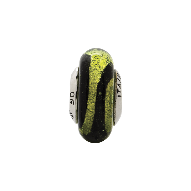 Sterling Silver Reflections Lime/Black Stripes Italian Murano Bead