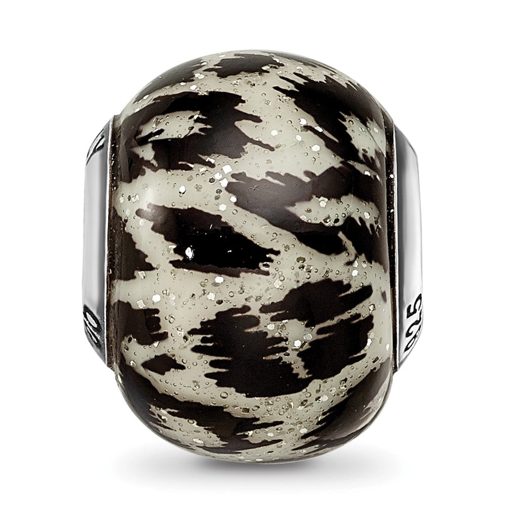 Sterling Silver Reflections White & Black W/Glitter Overlay Glass Bead