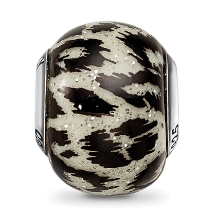 Sterling Silver Reflections White & Black W/Glitter Overlay Glass Bead