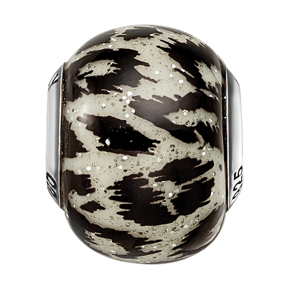 Sterling Silver Reflections White & Black W/Glitter Overlay Glass Bead