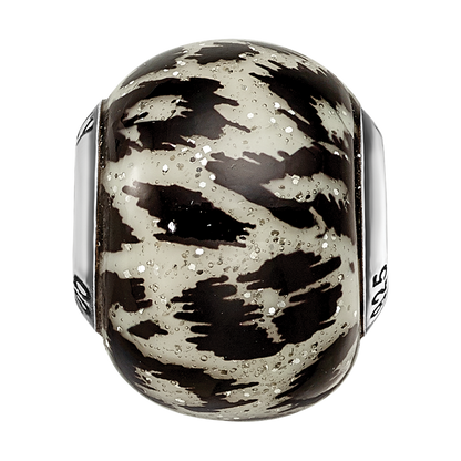 Sterling Silver Reflections White & Black W/Glitter Overlay Glass Bead