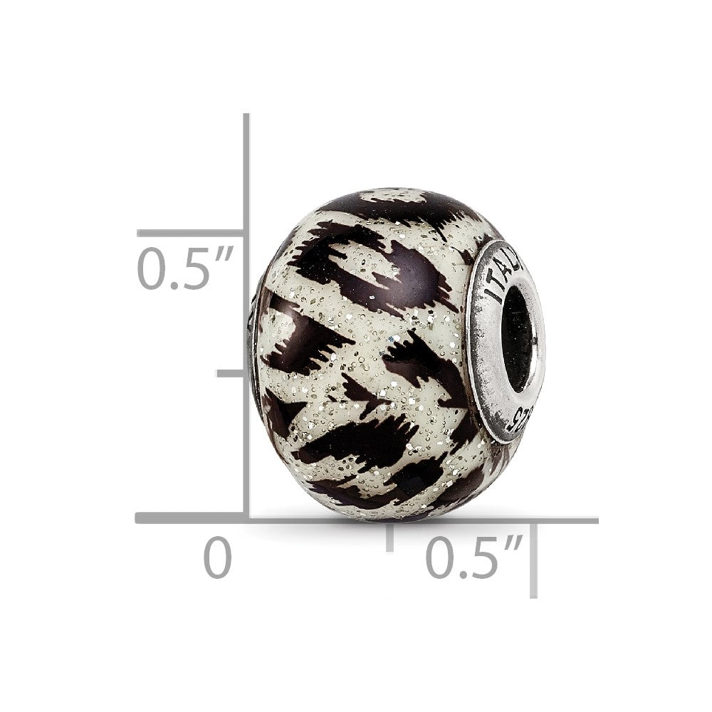 Sterling Silver Reflections White & Black W/Glitter Overlay Glass Bead