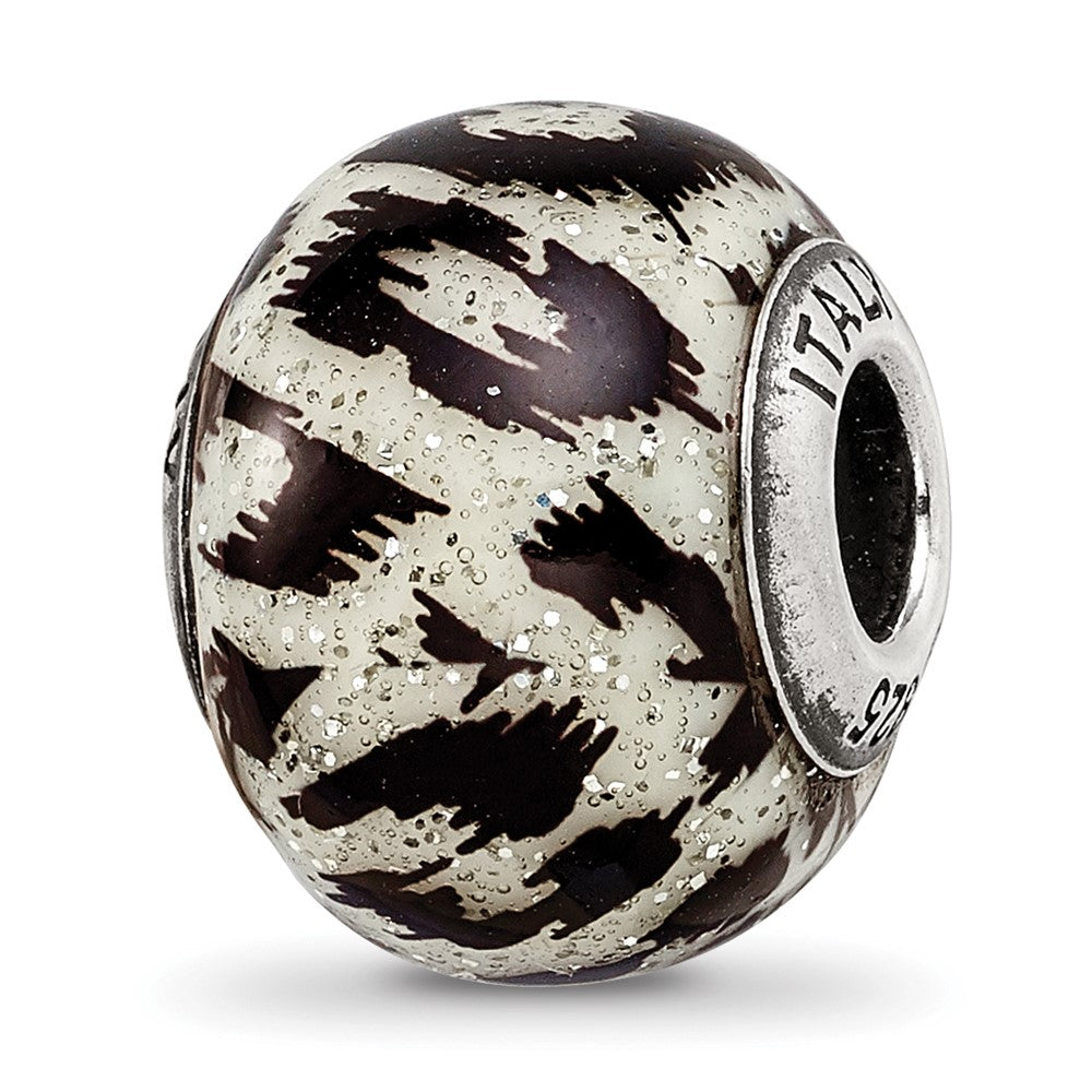 Sterling Silver Reflections White & Black W/Glitter Overlay Glass Bead