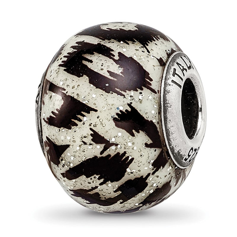 Sterling Silver Reflections White & Black W/Glitter Overlay Glass Bead