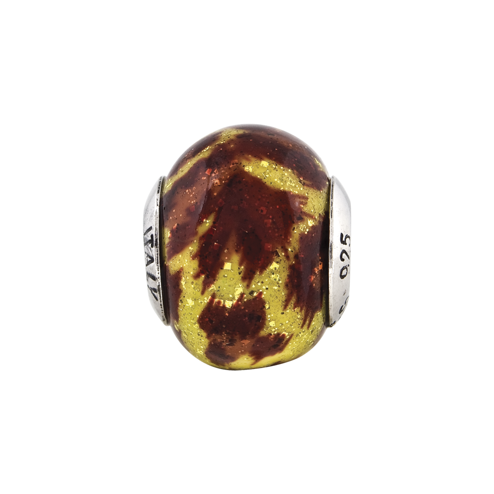 Sterling Silver Reflections Yellow & Brown Glitter Overlay Glass Bead