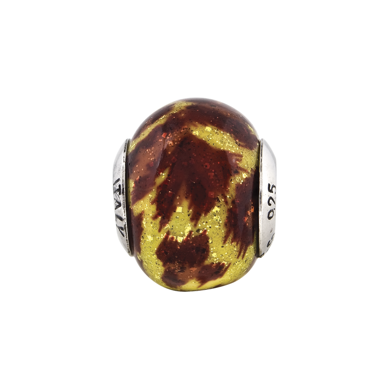 Sterling Silver Reflections Yellow & Brown Glitter Overlay Glass Bead