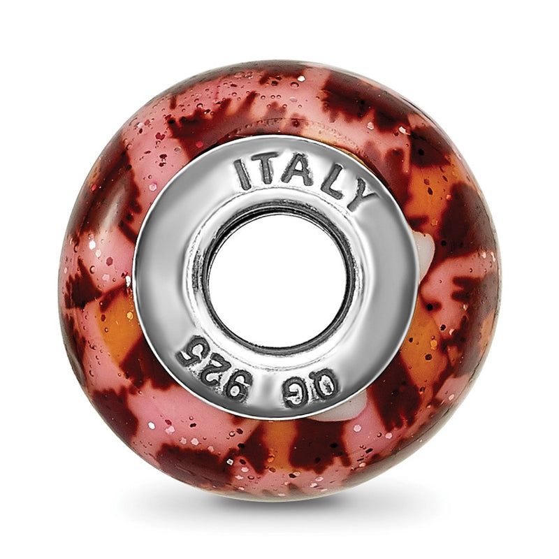 Sterling Silver Reflections Pink & Brown W/Glitter Overlay Glass Bead