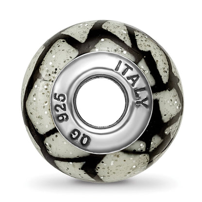 Sterling Silver Reflections White/Black W/Glitter Overlay Glass Bead
