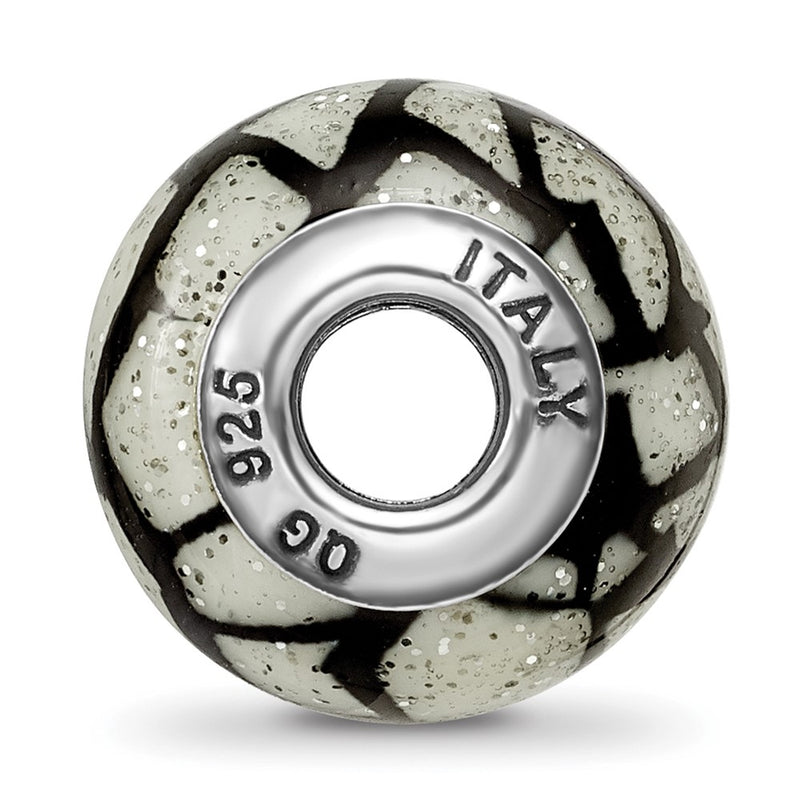 Sterling Silver Reflections White/Black W/Glitter Overlay Glass Bead