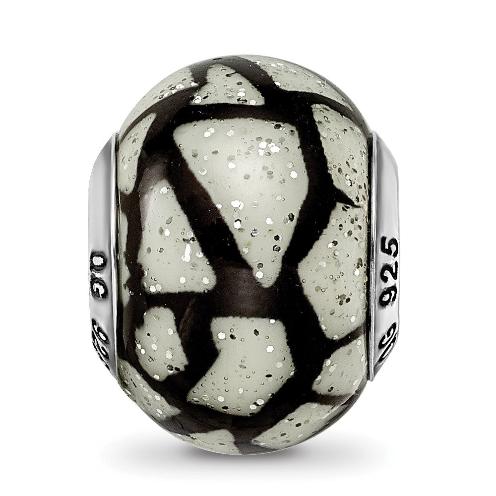 Sterling Silver Reflections White/Black W/Glitter Overlay Glass Bead