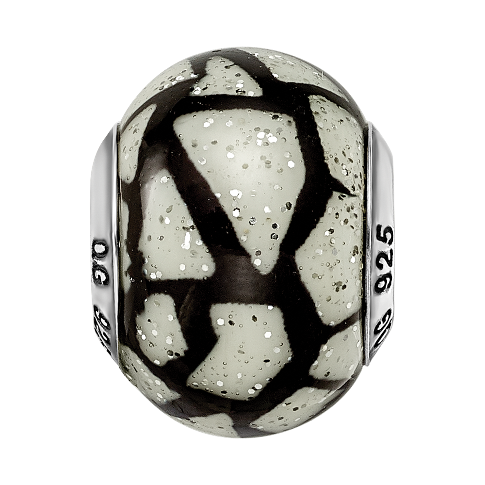 Sterling Silver Reflections White/Black W/Glitter Overlay Glass Bead