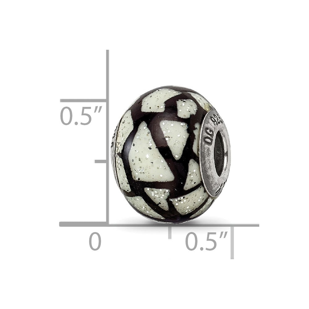 Sterling Silver Reflections White/Black W/Glitter Overlay Glass Bead