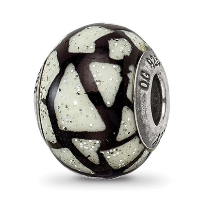 Sterling Silver Reflections White/Black W/Glitter Overlay Glass Bead