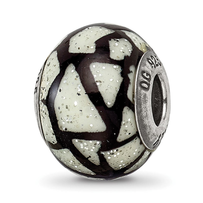 Sterling Silver Reflections White/Black W/Glitter Overlay Glass Bead