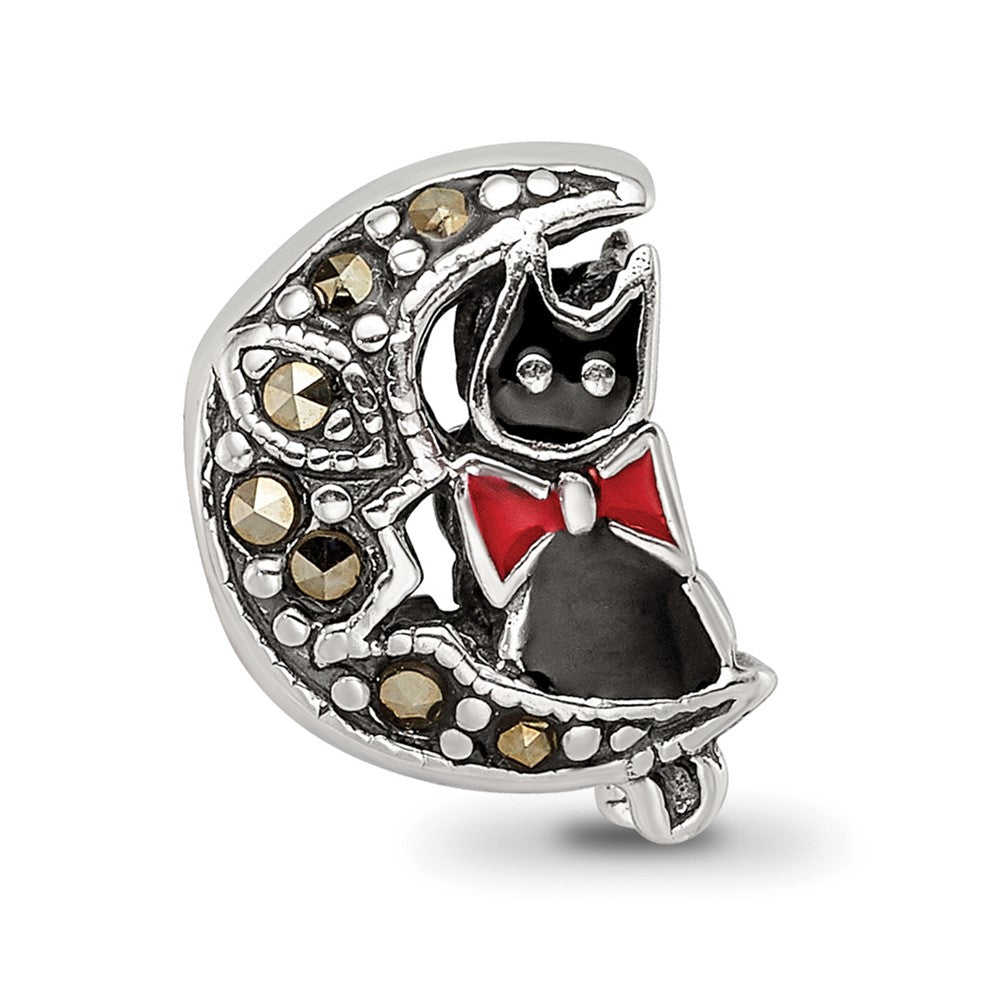 Sterling Silver Reflections Marcasite & Enameled Cat Moon Bead