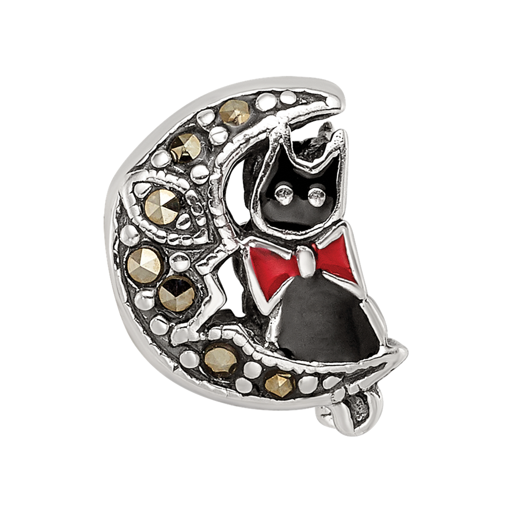 Sterling Silver Reflections Marcasite & Enameled Cat Moon Bead