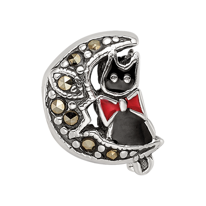 Sterling Silver Reflections Marcasite & Enameled Cat Moon Bead