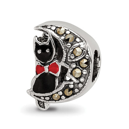 Sterling Silver Reflections Marcasite & Enameled Cat Moon Bead