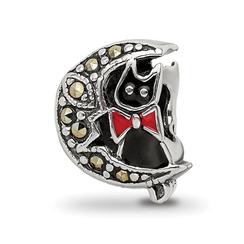 Sterling Silver Reflections Marcasite & Enameled Cat Moon Bead