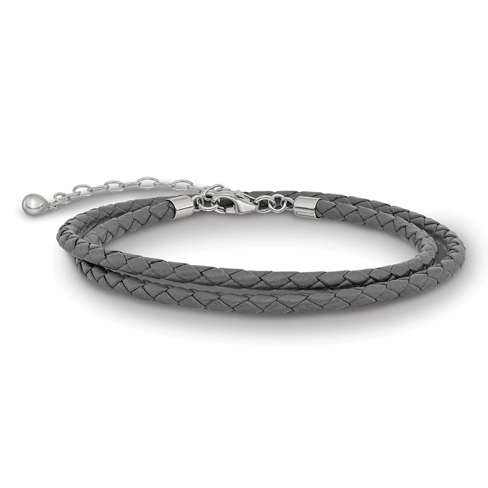 Sterling Silver Reflections Gray Leather Rhodium-Plated 14 Inch With A 2 Extention Choker/Wrap Bracelet