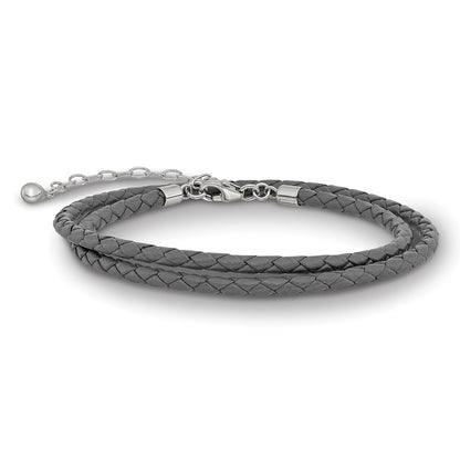Sterling Silver Reflections Gray Leather Rhodium-Plated 14 Inch With A 2 Extention Choker/Wrap Bracelet